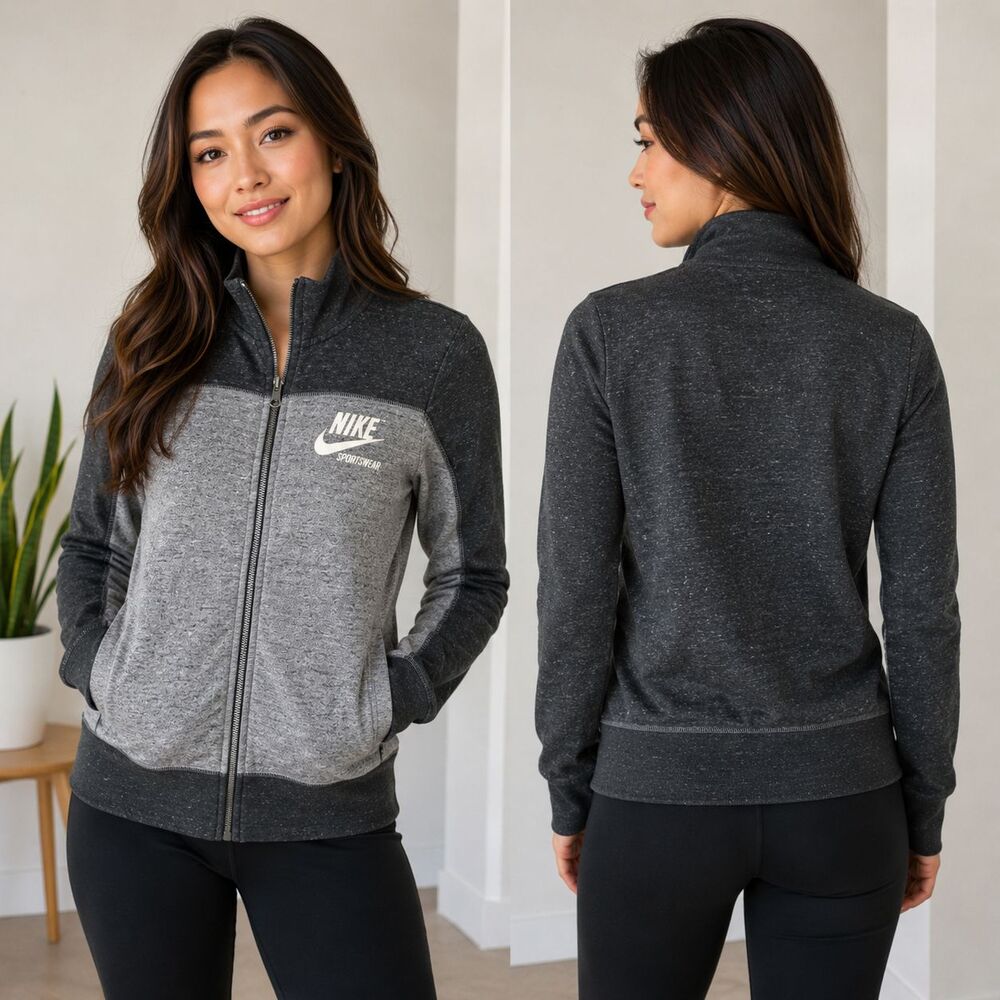 Nike Sportswear Gym Vintage Full Zip Track Jacket Women's Gray Black Sz XS